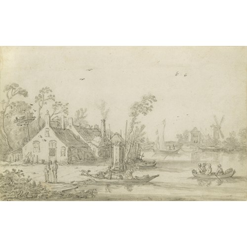 A River Scene with Rowing Boats, Cottages on the Shore and a Windmill in the Distance